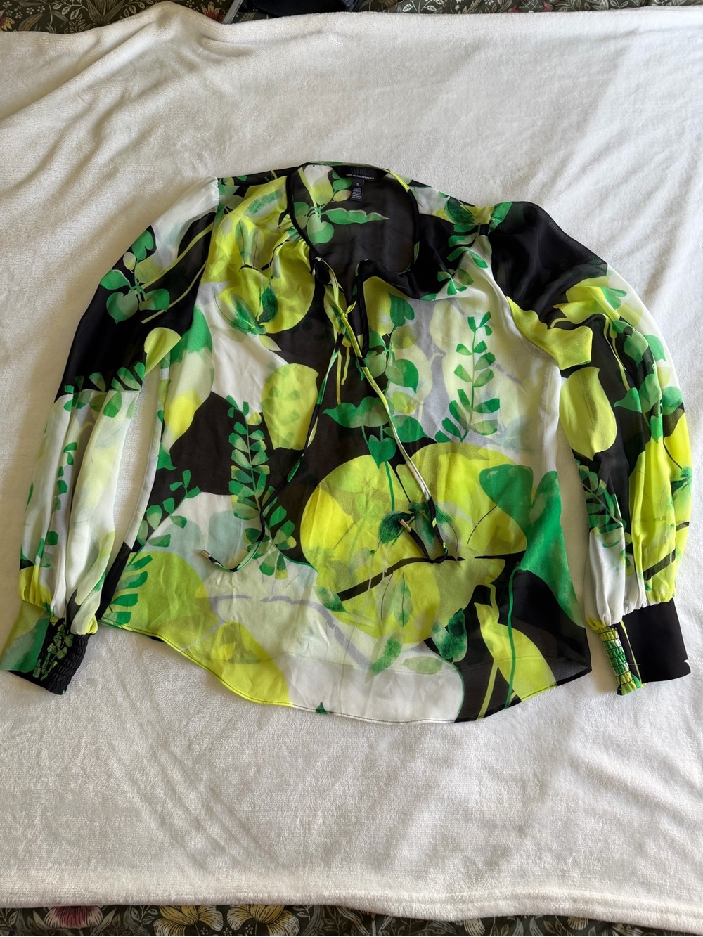 White House Black Market Black, Green & Yellow Botanical Tie-Neck Blouse